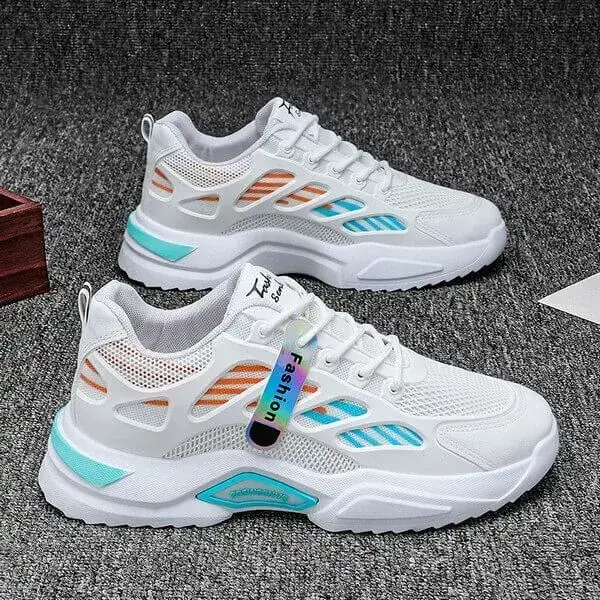 Mens Color-Block Sneakers | Light-Reflective Low-Top Sports Shoes in Blue, Grey