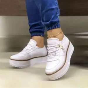 Jushicloth Women Fashion Round Toe Solid Color Pu Hidden Wedge Lace-Up Low Top Sneakers Shoes