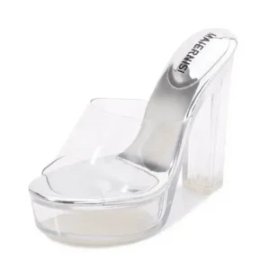 Jushicloth Women Fashion Plus Size Transparent Crystal Chunky Heel Platform High