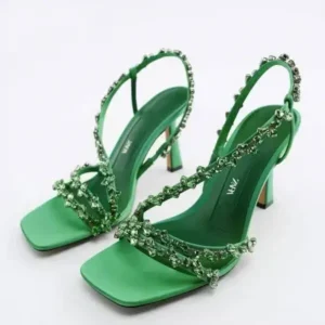 Jushicloth Women Fashion Plus Size Sexy Rhinestone Strap Square Toe Heeled Sandals