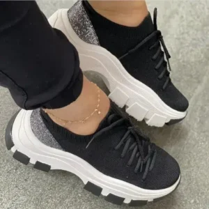 Jushicloth Wedge Heel Flying Woven Colorblock Lace-Up Sneakers Large Size Casual Low Top Women Shoes