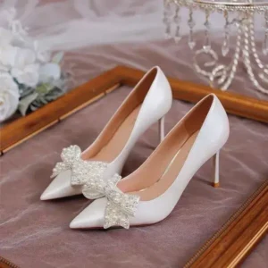 Jushicloth Women Fashion Sexy Pointed Satin Pearl Pointed Toe Shoes