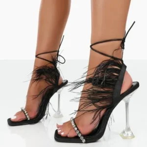 Jushicloth Women Fashion Sexy Rhinestone Feather Decorative Solid Color High Heel Sandals Shoes