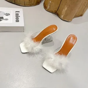 Jushicloth Women Fashion Sexy Feather Decoration Solid Color Chunky High Heel Slippers Shoes