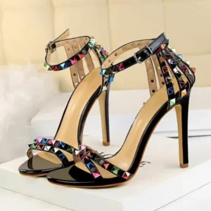 Jushicloth Fashion Women Sexy 11cm High Heels Rivets Studded Sandals Ankle Buckle Strap Stiletto Shoes