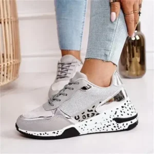 Jushicloth Women Fashion Casual Leopard Print Color Matching Lace-Up Platform Sneakers