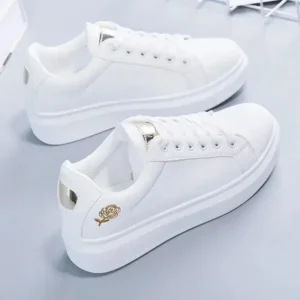 Jushicloth Women Casual Fashion Rose Embroidery Thick-Soled Comfortable PU Leather White Sneakers
