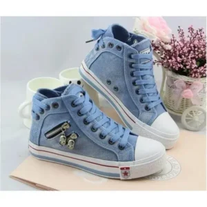 Jushicloth Women Casual Spring Zipper Decor Lace-Up High Top Denim Canvas Sneakers