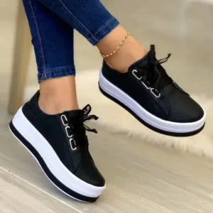 Jushicloth Women Casual Round Toe Lace-Up Block Color Platform Shoes PU Sneakers