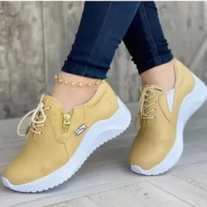 Jushicloth Women Casual Round Toe Low Cut Lace-Up PU Side Zipper Design Solid Color Sneakers