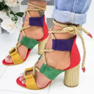 Jushicloth Women Fashion Sexy Cross Hollow Lace Up Design Color Blocking High Heel Sandals Shoes