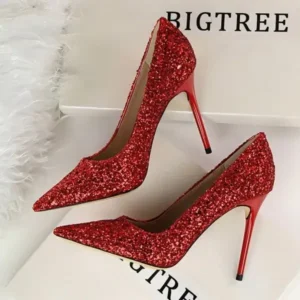 Jushicloth Women Sexy Shining Sequins Decor Pointed-Toe Stiletto Shoes Pumps