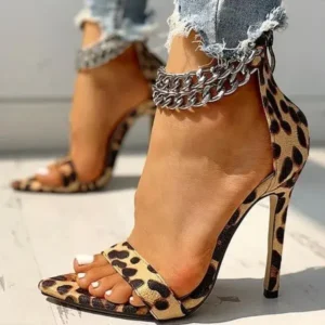 Jushicloth Women Sexy Metal Chain Buckle Ankle Strap Animal Printed High Heels