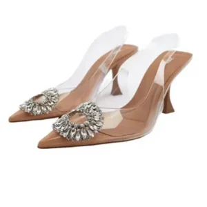 Jushicloth Summer Women Fashion Plus Size Pointed Toe Rhinestone Transparent Heeled Sandals