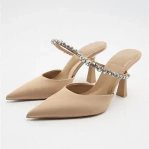 Jushicloth Summer Women Plus Size Fashion Casual Rhinestone Pointed Cover Toe High Heel Slippers