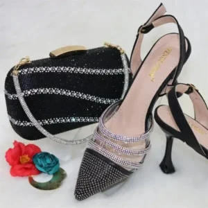 Jushicloth Women Classic Black Pointed Shoes Transparent Pvc Rhinestone Chain Square Hand Bag Set