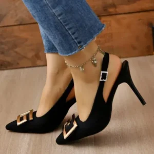 Jushicloth Summer Women Fashion Casual Plus Size Solid Color Pointed Toe Metal Buckle Sling Back High Heel Sandals