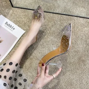 Jushicloth Women Fashion Sexy Rhinestone Decorative Pointed Toe Transparent High Heel Sandals