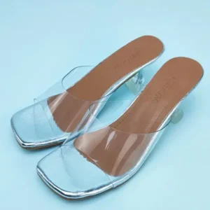 Jushicloth Women Fashion Casual Square Toe Transparent Design Mid Heel Slippers