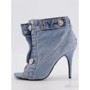 Jushicloth Women Fashion High Heel Denim Button High Top Boots