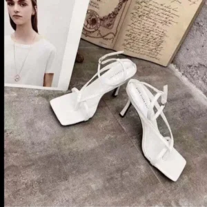 Jushicloth Women Fashion Sexy PU Solid Color Square Toe Stiletto Heel Ankle Strap Buckle Thong Sandals