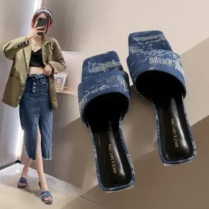 Jushicloth Women Fashion Casual PU Denim Square Toe Chunky Heel Slippers