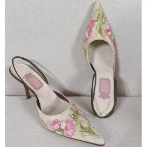 Jushicloth Women Fashion Elegant Floral Printed Pointed Toe Stiletto Heel Sandals