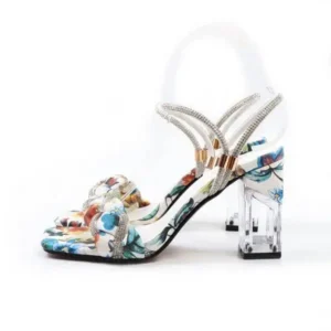 Jushicloth Women Fashion Sexy PU Rhinestone Floral Printed Square Toe Chunky Heel ?Sandals