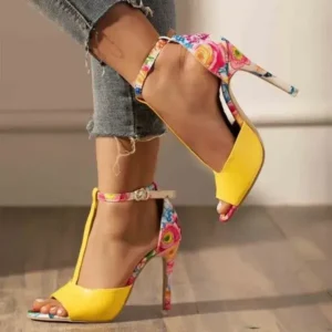 Jushicloth Women Fashion Sexy Floral Printed Peep Toe Stiletto Heel Ankle Strap Buckle Sandals