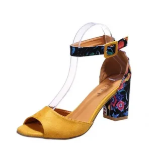 Jushicloth Women Fashion Sexy PU Floral Printed Peep Toe Chunky Heel Ankle Strap Buckle Sandals