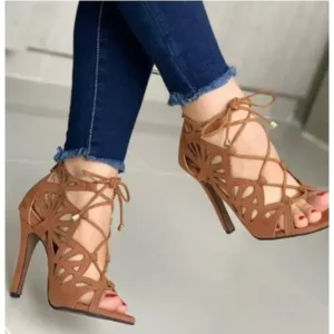 Jushicloth Women Fashion Sexy Solid Color Hollow Peep Toe Stiletto Heel Bandage Sandals