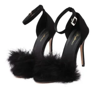 Jushicloth Women Fashion Sexy PU Solid Color Feather Peep Toe Stiletto Heel Ankle Strap Buckle Sandals