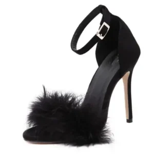 Jushicloth Women Fashion Sexy Solid Color Feather Peep Toe Stiletto Heel Ankle Strap Buckle Sandals