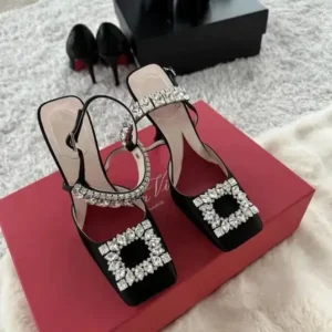 Jushicloth Women Fashion Elegant PU Square Toe Rhinestone Stiletto Heel Ankle Strap Buckle Sandals