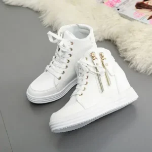 Jushicloth Women Fashion Solid Color Side Zipper Lace-Up Round Head Thick-Soled Sneakers