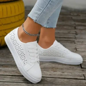 Jushicloth Women Fashion Solid Color Plus Size Hollow Lace-Up Round-Toe Sneakers