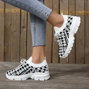 Jushicloth Summer Women Fashion Casual Geometric Print Fly-Woven Lace-Up Sneakers