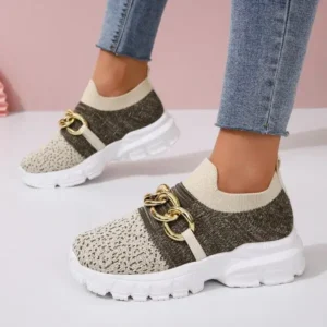 Jushicloth Women Fashion Color Block Metal Chain Thick-Soled Breathable Fly-Woven Sneakers