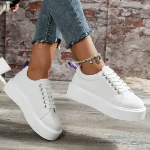 Jushicloth Women Fashion Solid Color Round-Toe Lace-Up Thick-Soled Sneakers