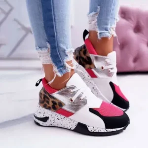 Jushicloth Women Casual Leopard Printed Patchwork Lace Up Sneakers