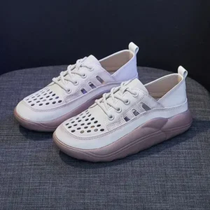 Jushicloth Women Fashion Casual Solid Color PU Lace-Up Hollow Breathable Sneakers