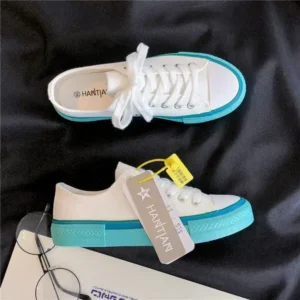 Jushicloth Women Fashion Cream Blue Canvas Lace-Up Sneakers