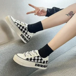 Jushicloth Women Fashion Platform Checkerboard Canvas Sneakers