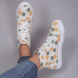 Jushicloth Women Fashion Round Toe Lace-Up Pineapple Strawberry Flat Sneakers