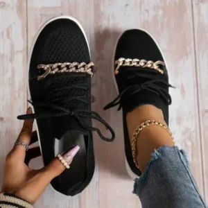 Jushicloth Women Fashion Round Toe Rhinestone Metal Decoration Lace-Up Mesh Sneakers