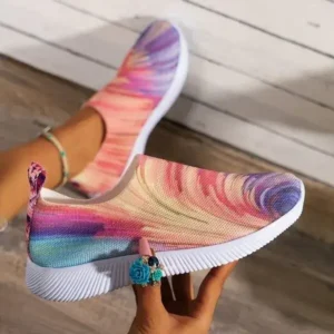 Jushicloth Women Fashion Round Multicolor Gradient Rainbow Mesh Sneakers