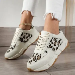 Jushicloth Women Fashion Round Toe Stitching Lace Up Low Top Leopard Sports Sneakers